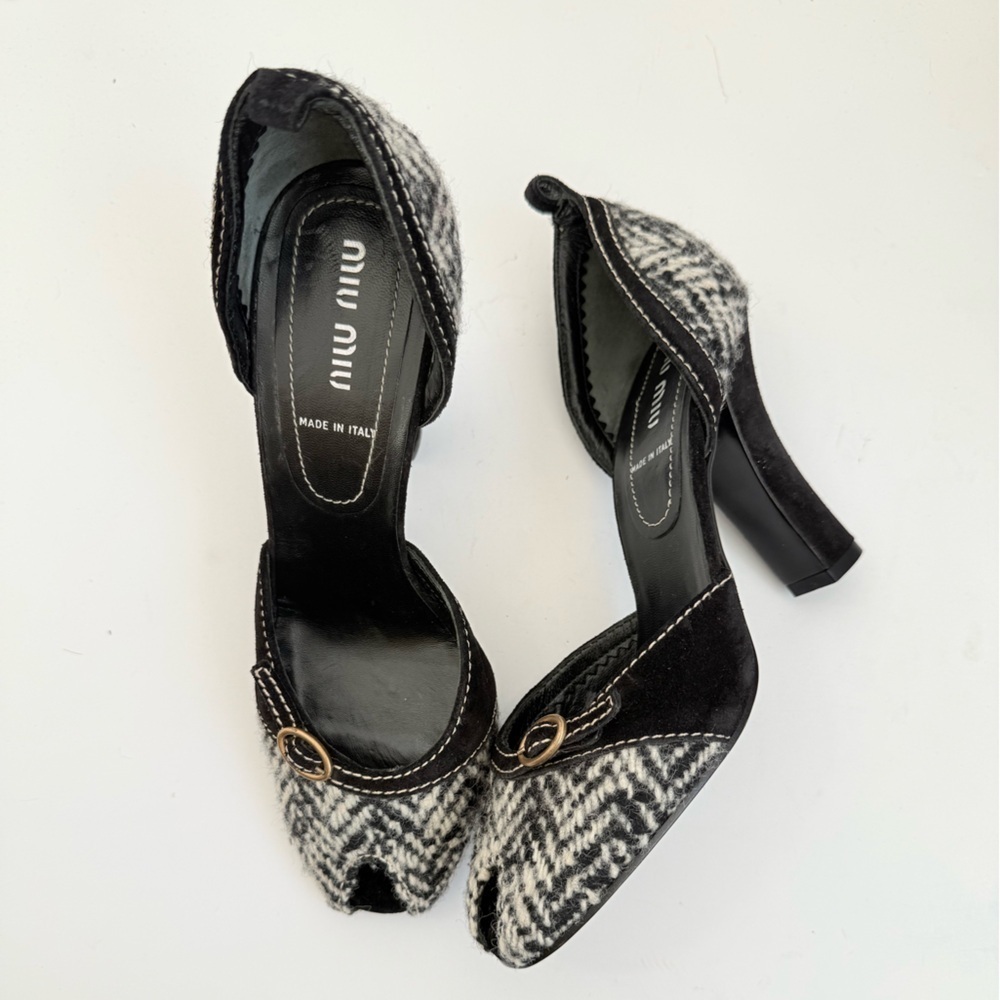 Miu Miu Vintage Black Grey Tweed Peep toe Block heel D’orsay sandals EU 36
